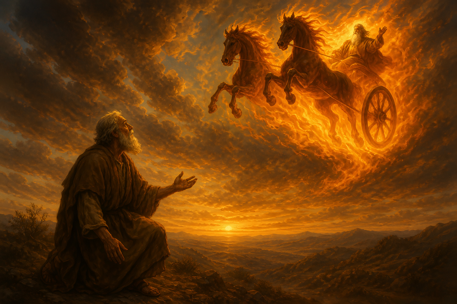 Es ist eine Darstellung von dem Propheten Elischa, der in den Himmel hochblickt. Dort ist ein Pferdegespann mit 2 Pferden und einer Kutsche, in der der Prophet Elijah zu sehen ist. Die Pferde, die Kutsche und Elijah wirken so als seien sie von Flamme